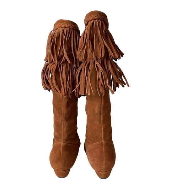 Gianni Bini women’s cognac suede fringe flat wedge ankle pull on boots sz 6.5 M - Picture 5 of 9